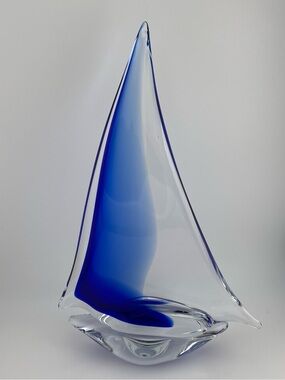 Art Glass Sailboat Sculpture, 12” tall - Handblown Glass